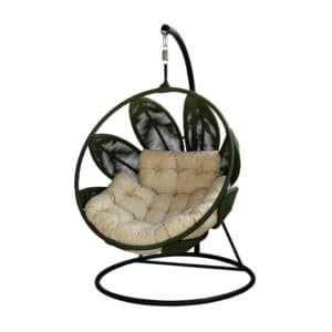 Balanço Folha, estrutura de Alumínio revestido de Corda Náutica Verde Musgo. Acompanha acolchoados. Foto diagonal.